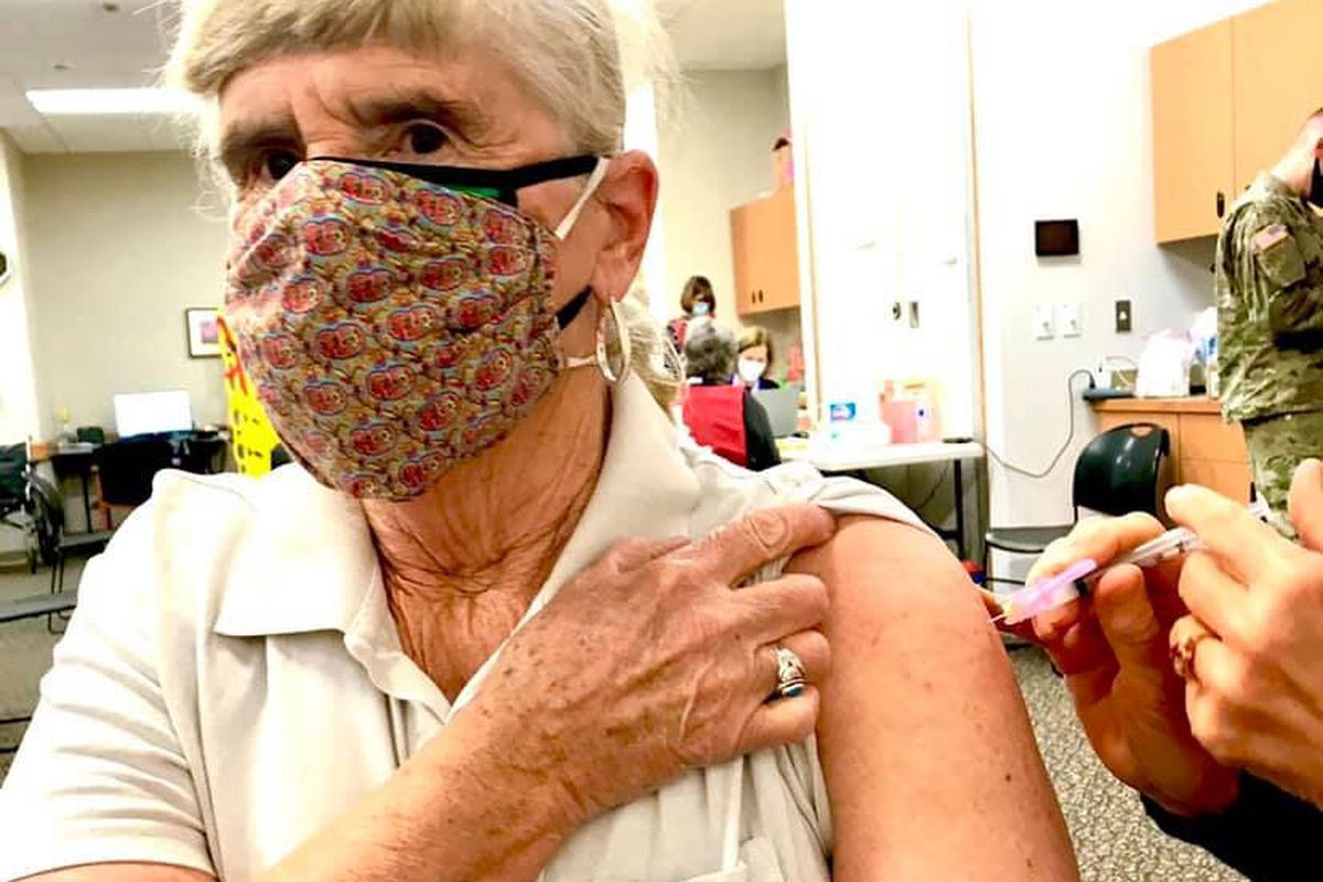 Marianne Love in Sandpoint receives the COVID shot at the Panhandle clinic.  (Courtesy of Marianne Love)