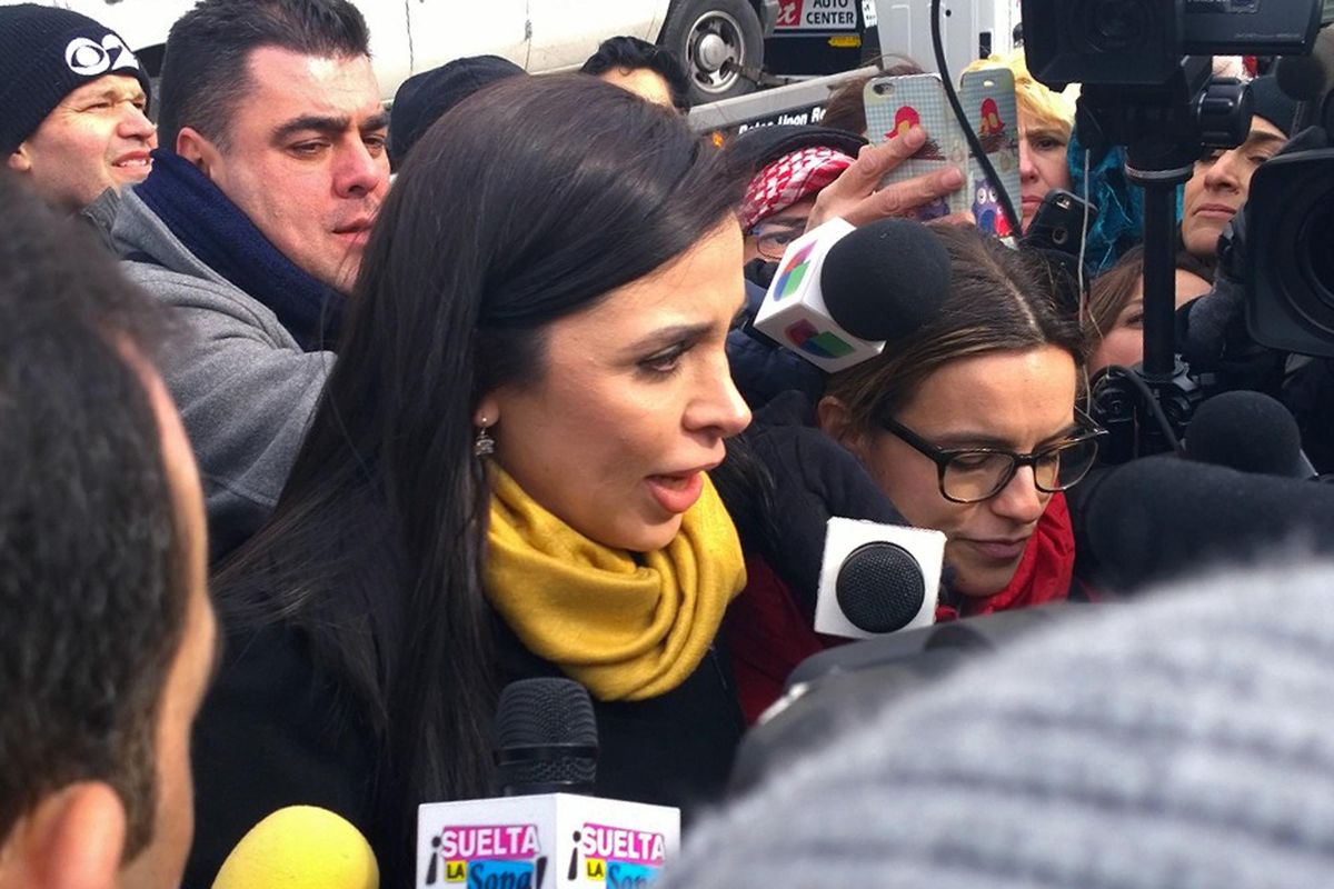 Emma Coronel Aispuro, wife of Joaquin “El Chapo” Guzman, talks with reporters as she leaves Brooklyn federal court following her husband’s court appearance, Friday, Feb. 3, 2017 in New York. Guzman is charged with running a massive drug trafficking operation that laundered billions of dollars and oversaw murders and kidnappings. (Elizabeth Williams / AP)
