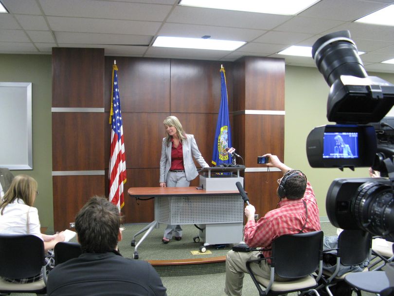 Sherri Ybarra answers questions from reporters at her first news conference Tuesday in Boise (Betsy Russell)