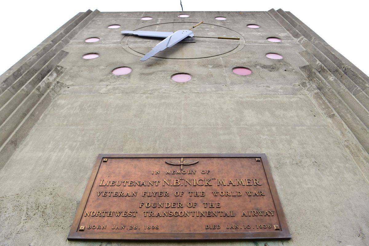 A clocktower, in the Art Moderne style, was erected at Felts Field in 1939 in honor of Nick Mamer, arguably the most famous pilot in the Northwest when he died in a 1938 crash. His skill and experience helped Northwest Airlines launch service between Seattle and Minneapolis. The stories of his exploits as a WWI fighter pilot and aviation pioneer are still told today. (Jesse Tinsley / The Spokesman-Review)