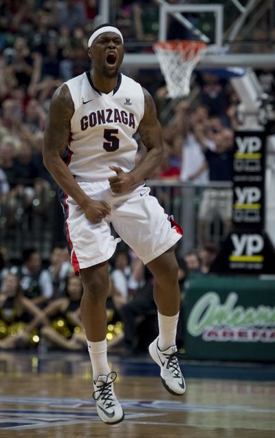 Gonzaga guard Gary Bell Jr. (5) celebrates a three-pointer in the second half of a WCC men's tournament quarterfinal basketball game, Sat., March 7, 2015, at the Orleans Arena in Las Vegas, Nevada. (The Spokesman-Review)