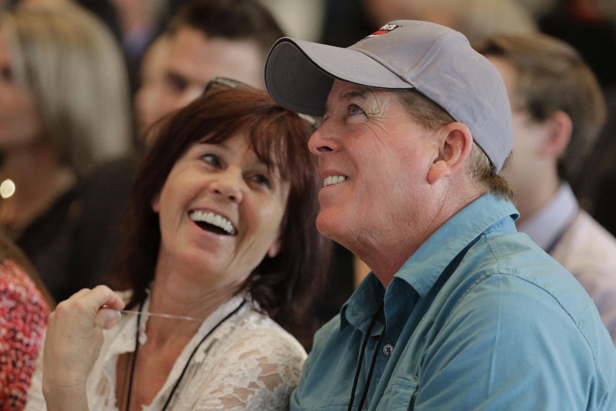 Driver Ron Hornaday, right, and his wife Lindy, left, react to Hornaday being named as a member of the class of 2018 during an announcement at the NASCAR Hall of Fame in Charlotte, N.C., Wednesday, May 24, 2017. (Chuck Burton / Associated Press)