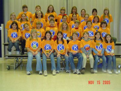 
Members of the Liberty Lake Elementary School K-Kids, 2005-06 are: Front row, from left: Kelsey McCune, Lucy Jones, Maggie Watson, Patrick Crumb, Logan Brassington, Christine Glynn and Brooke Rogerson. Second row: Aubrey Spear, Myra Purvis, Haley Feider, Bryan Wilson, Tatiana Crumb, Jeff Moberg, Cameron Himebaugh and John Schutts. Third row: Delainee Lenss, Jordyn Sandford, Drayke Hilpert, Zachary Van Curler, Desiree Bernhard, Samantha Dewitt, Miranda Hill and Madison Phillips. Back row: Katy Dolan, Reilly Bealer, Nicole Thaler, Scott Hilpert, Coral Rankin, Haylee Millikan, McKynzie Adams and Sunny Collins. Not pictured: Matt Busch, Colton Cheshier, Krystina Durman, Amber Gimlen, Brittni Ludington, Melissa Morgan, Lynnsey Olson, Hunter Proctor, Josh Smith, Trevor Tomlinson and Hunter Wardian.
 (Courtesy of parent of team member / The Spokesman-Review)