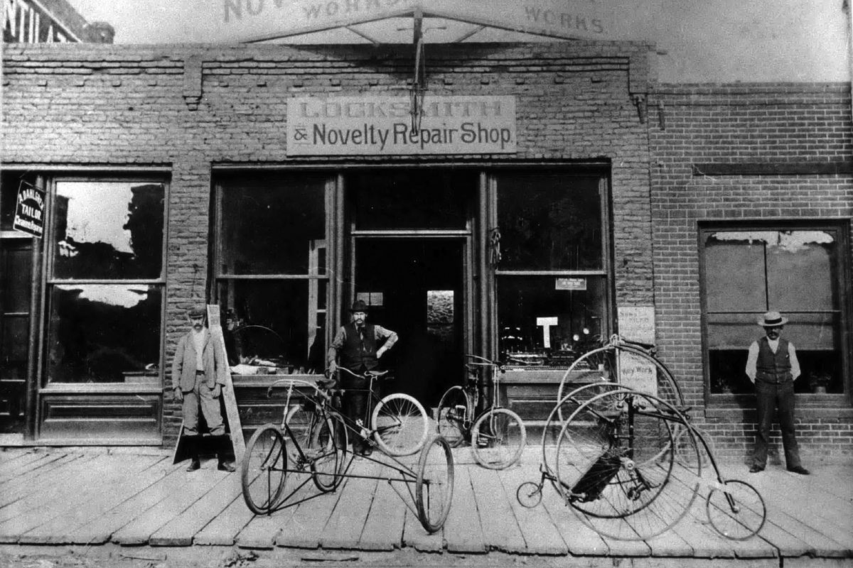 1895 - George Bartoo, likely in this photo but no details are available, team with Will Hall to found Bartoo & Hall bicycles at S. 101 Howard, better known as Spokane Novelty Works. In 1901 Bartoo became an automobile dealer for the Duryea Motor Wagon. (Courtesy of Mrs. C. Hubert Bartoo (1902-2007), daughter-in-law of George Bartoo / SR)