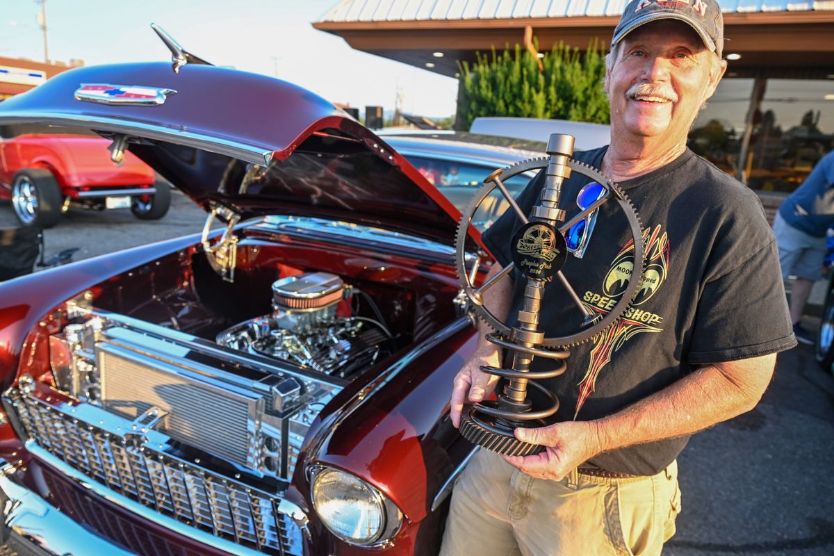 Dave Moore won the People’s Pick trophy at the Meals on Wheels car show with a spectacular custom 1955 Chevrolet at Ron’s Drive-In Wednesday in Spokane Valley. The annual fundraiser, now in its 14th year, raises money for Meals on Wheels.  (Jesse Tinsley/THE SPOKESMAN-REVI)