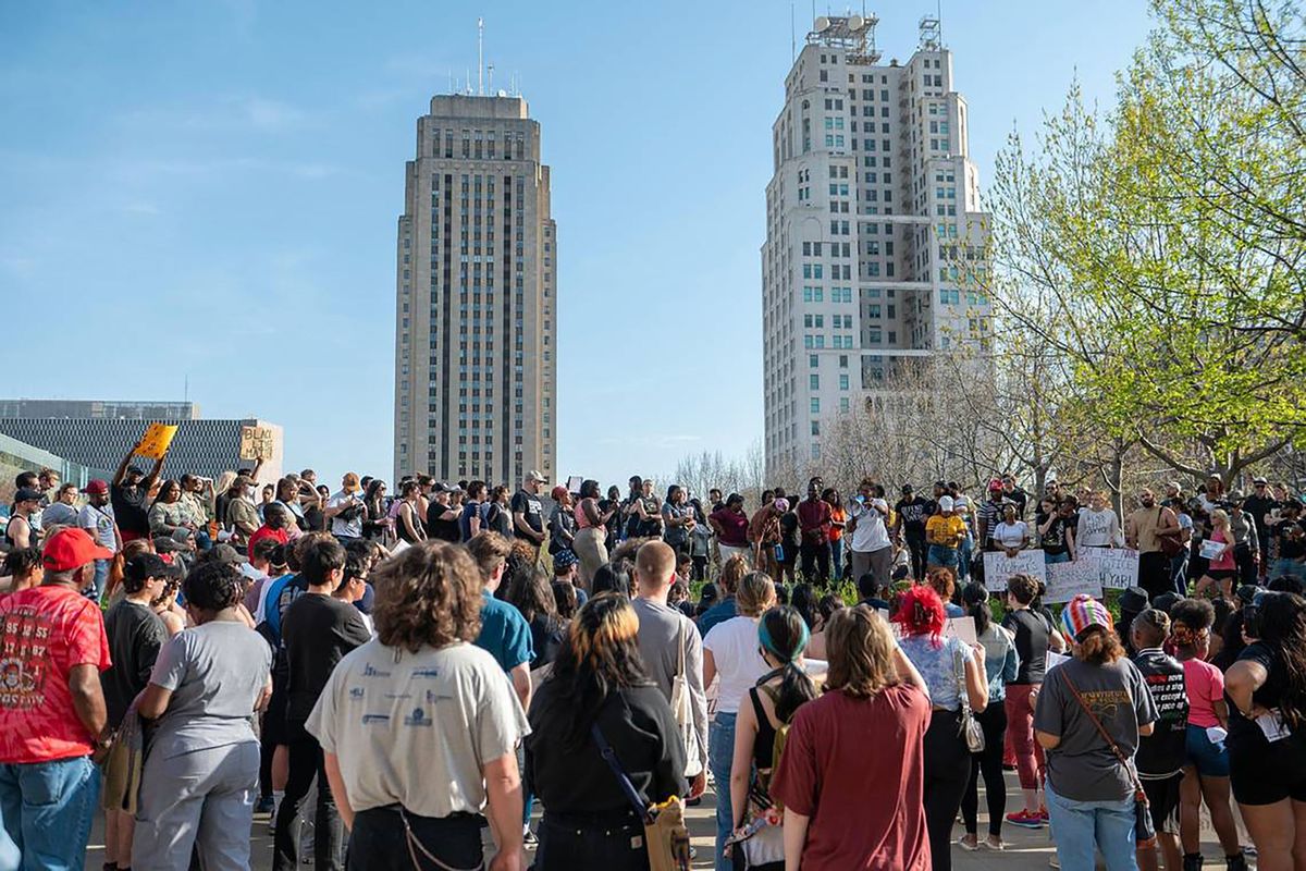 Community members gathered to attended a rally for Ralph Yarl in front of the Charles E. Whittaker U.S. Courthouse on Tuesday, April 18, 2023, in Kansas City.    (Emily Curiel/Kansas City Star/TNS)