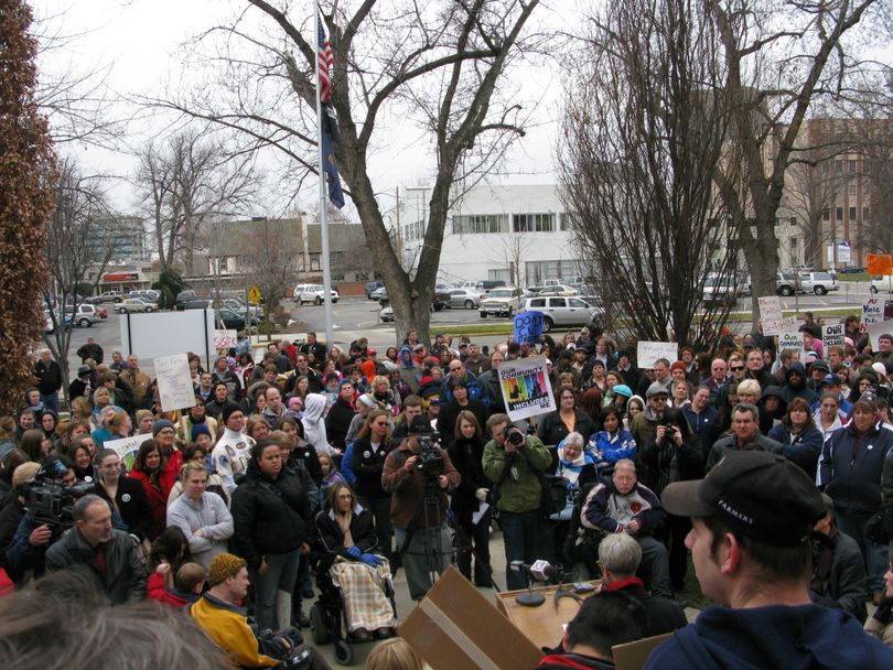 Hundreds of disabled Idahoans, family members and advocates gathered at the Capitol Annex to protest budget cuts in services for the disabled, 1/15/09 (Betsy Russell / The Spokesman-Review)