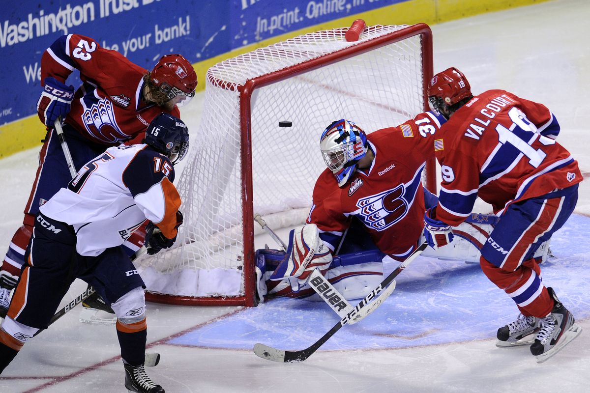 Kamloops’ Tim Bozon puts the puck past goaltender Mac Engel for what proves to be the winning goal early in the third period. (Colin Mulvany)