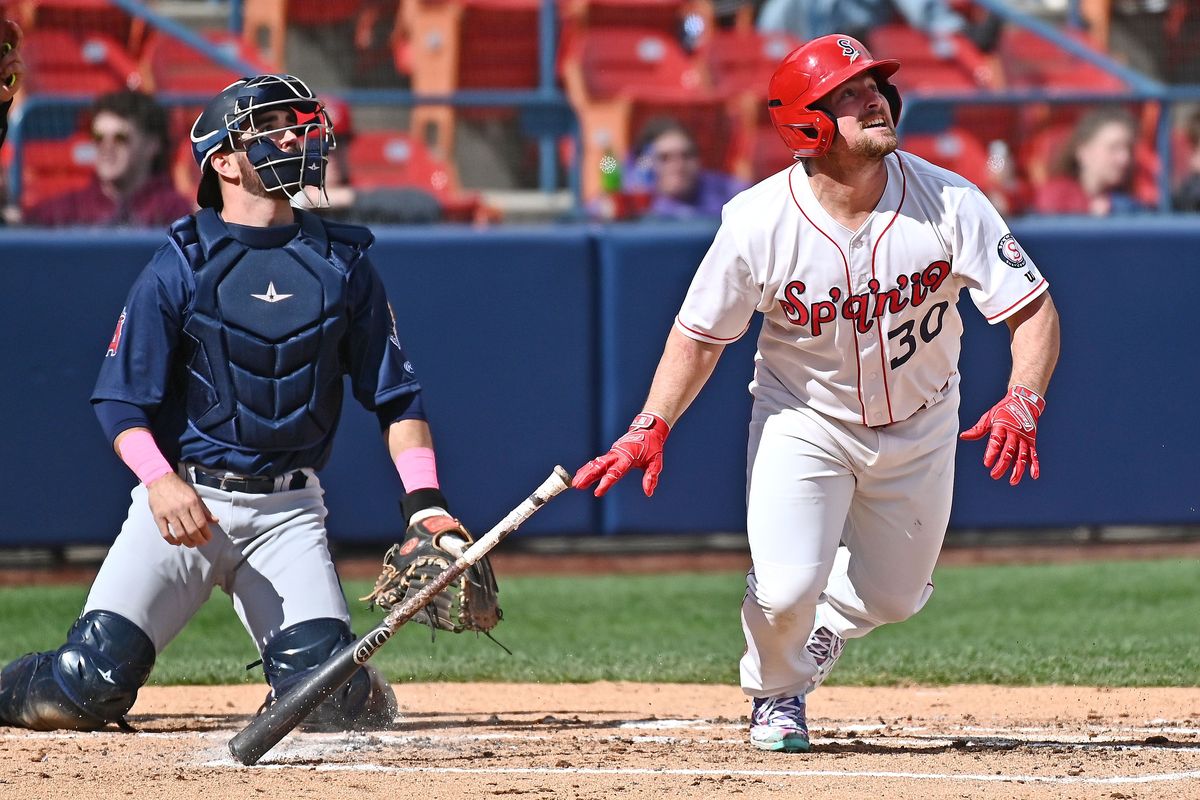 Spokane Indians utility player Colin Simpson, who leads the Northwest League team with 13 home runs, tracks the flight of a batted ball.  (James Snook/Spokane Indians)