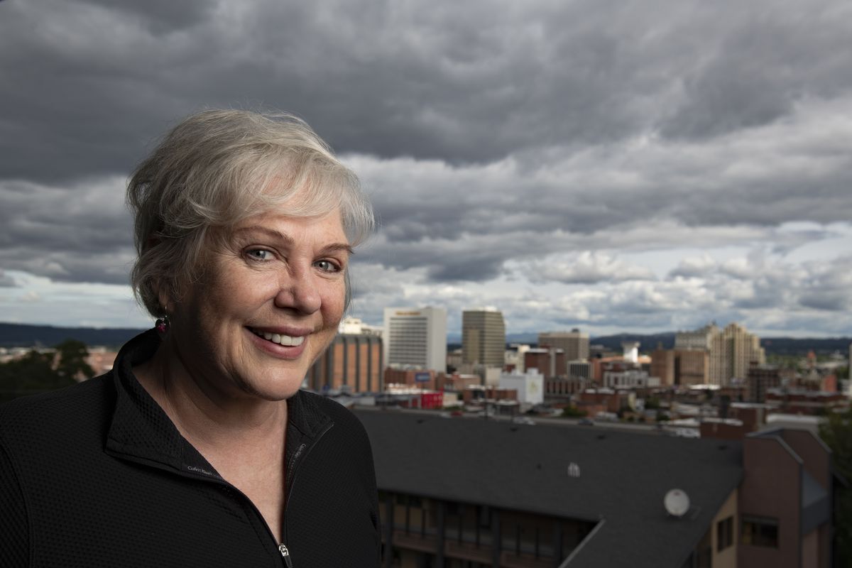 Actress Julia Sweeney photographed at her mother’s condo on the lower South Hill in 2018. (Colin Mulvany/The Spokesman-Review)