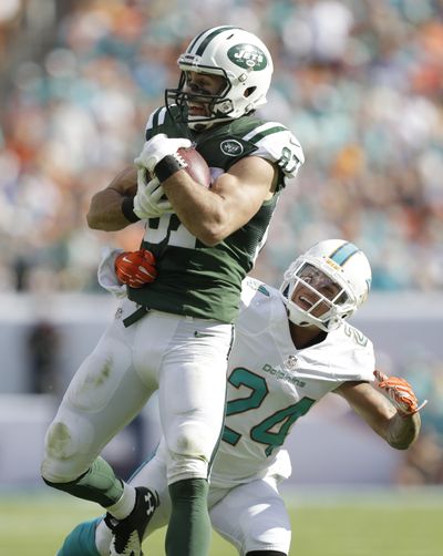Jets’ Eric Decker had 221 yards receiving vs. Miami. (Associated Press)