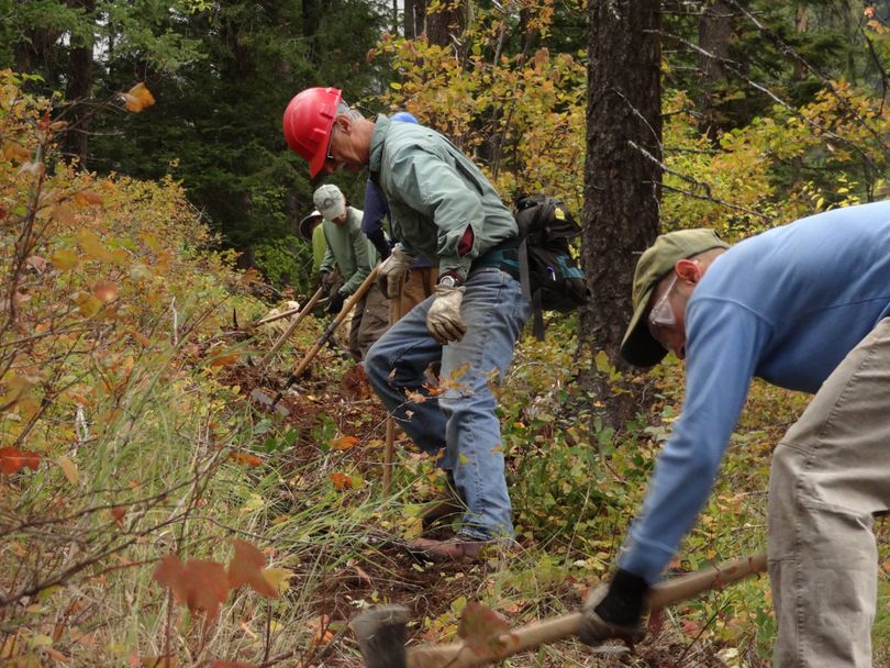Ron Mamajek and Brad Smith are among the volunteers working in North Idaho to reroute the trail to Scotchman Peak in September 2016. (Marjolein Groot Nibbelink.)