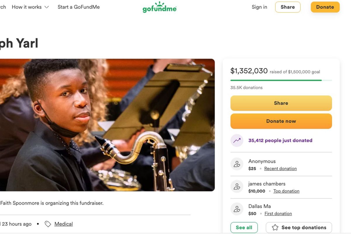 Screenshot of a GoFundMe site started to raise money for Ralph Yarl