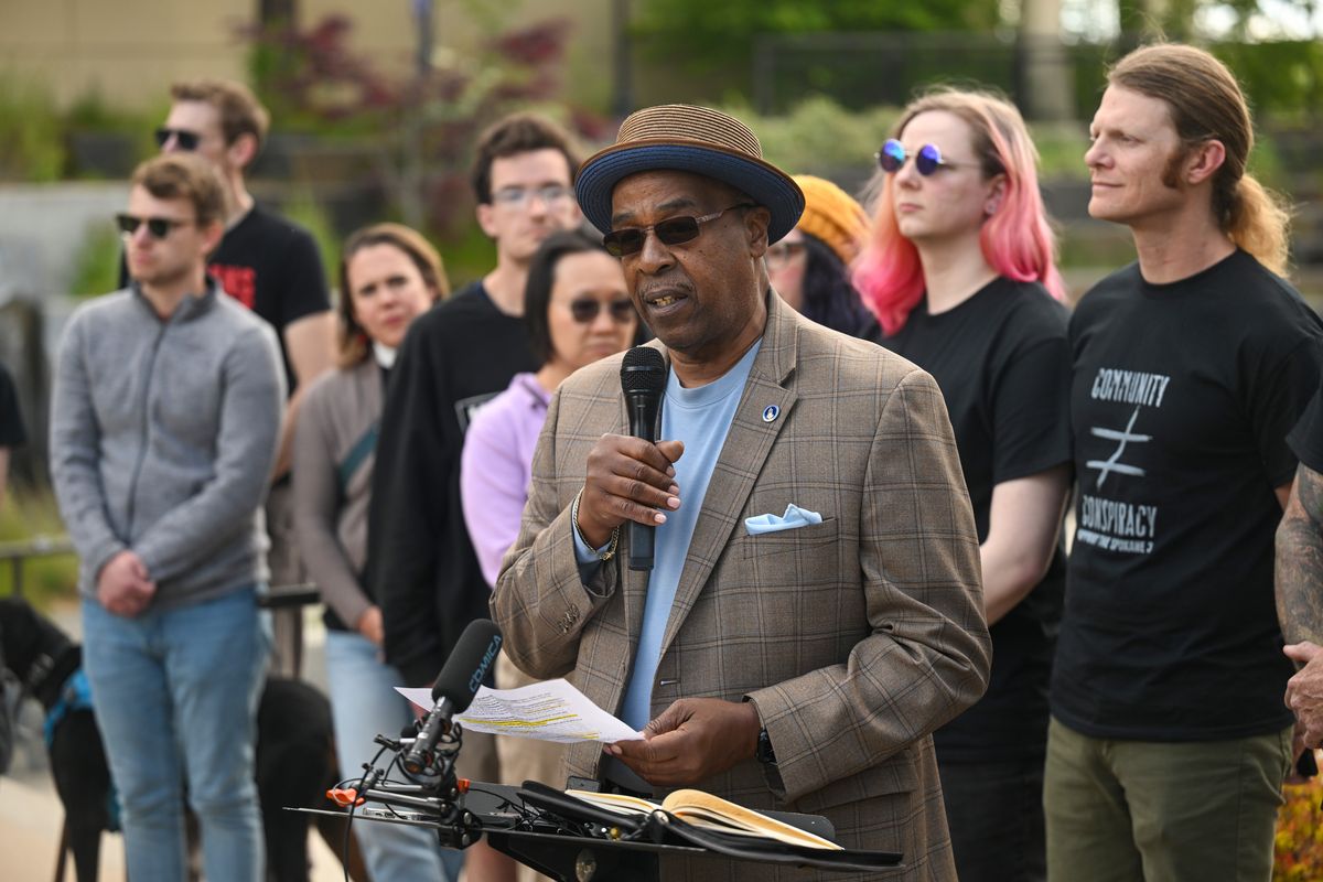 Rev. Walter Kendricks, of Morningstar Missionary Baptist Church, speaks Monday outside Spokane City Hall at a news conference with supporters of the “Spokane 3” who are on trial in federal court.  (Jesse Tinsley/THE SPOKESMAN-REVIEW)