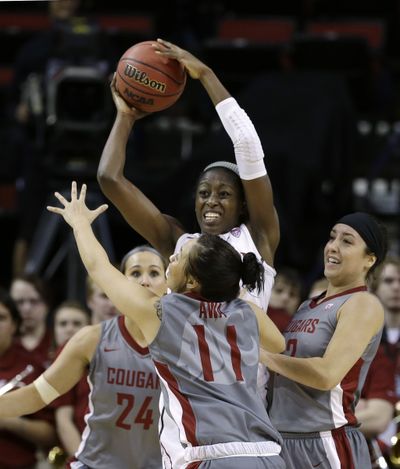 Chiney Ogwumike, with ball, finished with a double-double. (Associated Press)
