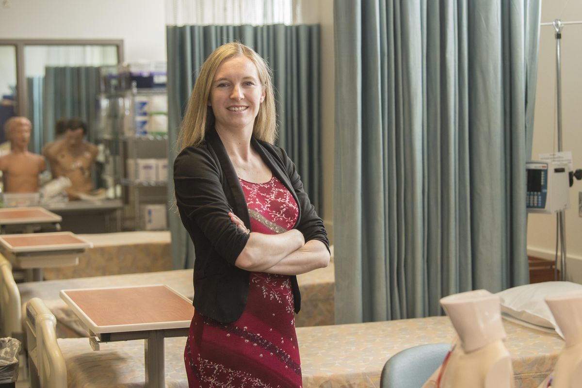 Researcher Lois James, shown with in the Washington State University nursing lab in Spokane, is starting her work in researching how fatigue affects working nurses Wednesday, May 9, 2018. (Jesse Tinsley / The Spokesman-Review)