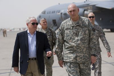 Secretary of Defense Robert Gates, left, walks with the top U.S. commander in Iraq, Gen. Ray Odierno, in Baghdad on Tuesday.  (Associated Press / The Spokesman-Review)