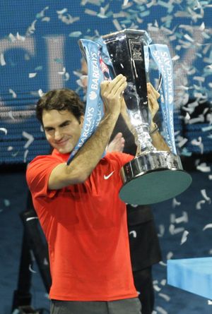 Roger Federer celebrates his ATP World Tour Finals title. (Associated Press)