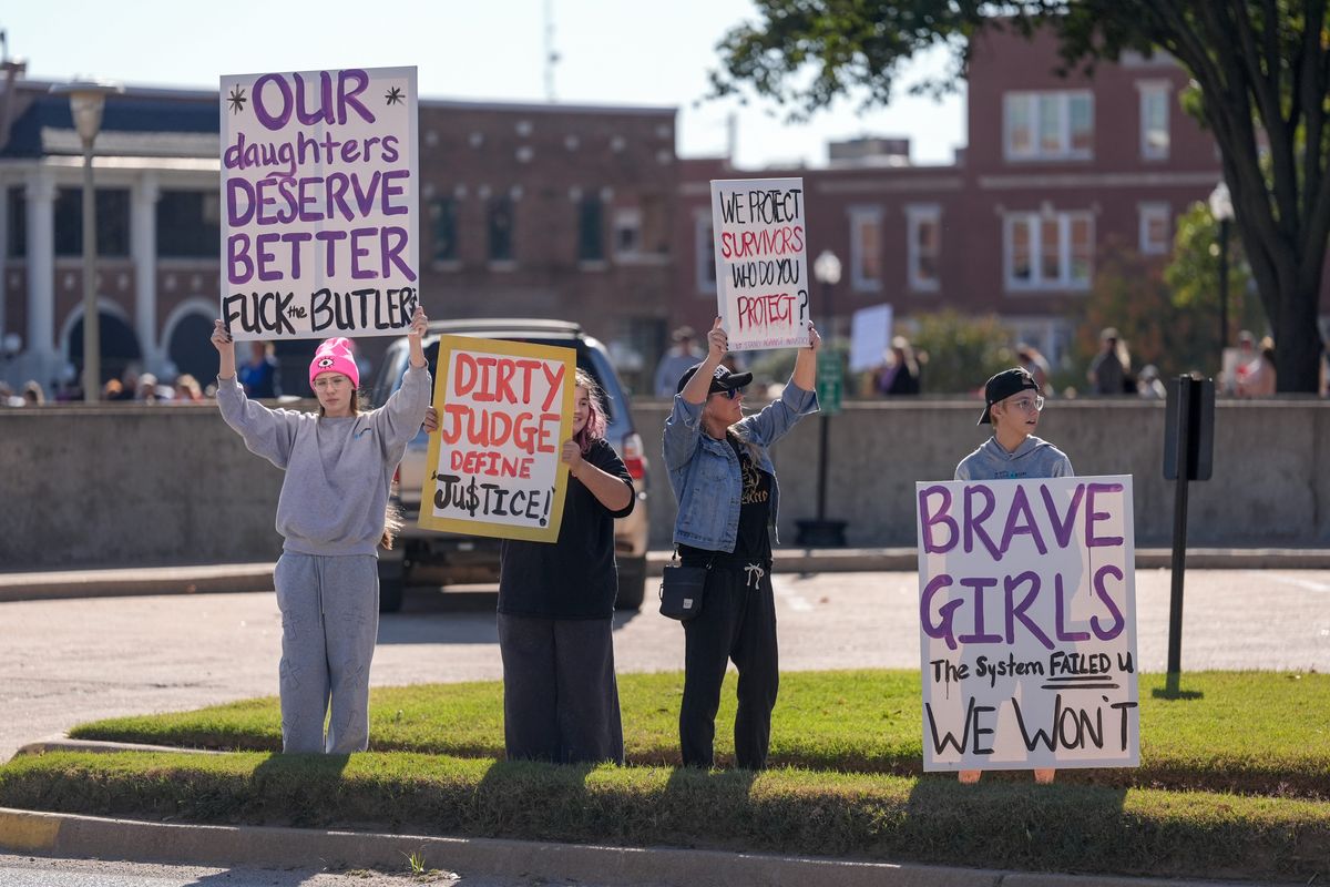 Demonstrators gather to protest the Jesse Butler case outcome outside Payne County Courthouse in Stillwater, Okla., on Wednesday, Nov. 5, 2025.  (Nathan J. Fish/The Oklahoman)
