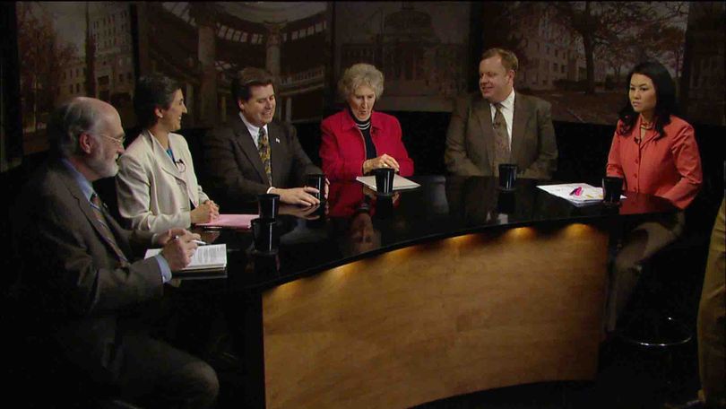 On the weekly Idaho Reports show on Idaho Public Television, a panel including, from left, BSU political scientist emeritus Jim Weatherby, Spokesman-Review reporter Betsy Z. Russell, Senate Finance Chairman Dean Cameron, R-Rupert, House Appropriations Chairwoman Maxine Bell, R-Jerome, state budget director Wayne Hammon, and host Thanh Tan discuss the developments of the 9th week of the legislative session. (Courtesy Idaho Public TV / Courtesy Idaho Public TV)