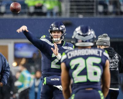 Seattle Seahawks’ Drew Lock filled in as the starting quarterback against the Philadelphia Eagles on Monday at Lumen Field in Seattle.  (Seattle Times)
