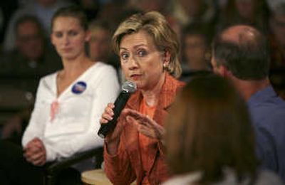 
Democratic presidential hopeful Sen. Hillary Rodham Clinton, D-N.Y., speaks at a town hall meeting Tuesday in  Iowa. Associated Press
 (Associated Press / The Spokesman-Review)