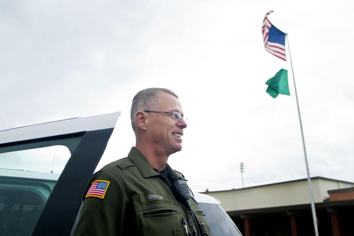 Deputy David Bratton is photographed at Liberty High School in Spangle, Wash., on Friday, Nov.2, 2018. For many years Freeman High School and Liberty High School shared a school resource deputy and now  Bratton is full time at Liberty. (Kathy Plonka / The Spokesman-Review)