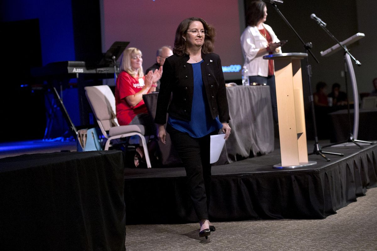 Spokane County’s chief deputy auditor, Mary Kuney, leaves the stage after giving a speech to the Spokane County Republican Party on Saturday, Aug. 5, 2017 at the Sun City Church in Spokane Valley. The party nominated her and two others to replace former Spokane County Commissioner Shelly O’Quinn. (Kathy Plonka / The Spokesman-Review)