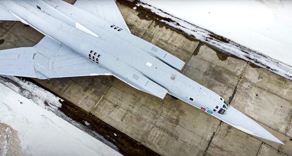 In this photo taken from a video provided by Russian Defense Ministry Press Service on Saturday, March 20, 2021, a Tu-22M3 bomber of the Russian air force takes off from an air base near Kaluga, Russia. During Tuesday