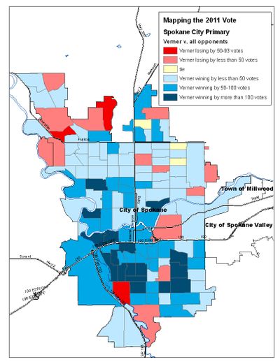 This is a map of the final 2011 mayoral primary results in the city of Spokane (Jim Camden)
