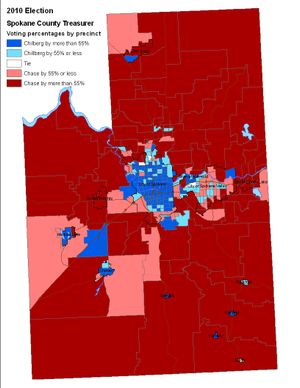 Map of results in the Spokane County treasurer's race as of 11/2/2010 (Jim Camden/Spokesman-Review)