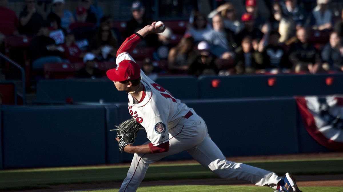 Spokane Indians pitcher Ricky Vanasco pitches in the first inning of the game against the Boise Hawks at Avista Stadium on Friday, June 21, 2019. (Kathy Plonka / The Spokesman-Review)