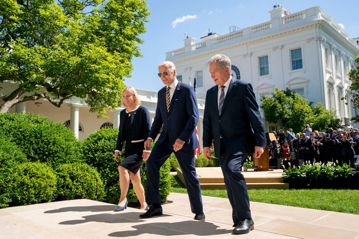President Joe Biden departs with Swedish Prime Minister Magdalena Andersson, left, and Finnish President Sauli Niinisto, right, after speaking in the Rose Garden at the White House in Washington, Thursday, May 19, 2022.  (Andrew Harnik)