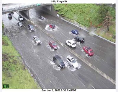 A thunderstorm flooded Interstate 90 under Freya Avenue on Sunday evening.  (Washington Department of Transportation)