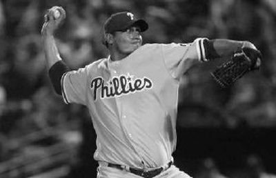 Philadelphia starting pitcher Freddy Garcia injured his leg prior to a game Sunday.
(Associated Press / The Spokesman-Review)