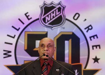 
Willie O'Ree speaks during Friday's NHL Diversity Luncheon. Associated Press
 (Associated Press / The Spokesman-Review)