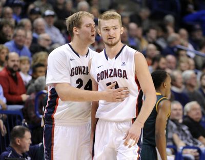 Though not from the U.S., teammates are giving Domantas Sabonis, right, and Przemek Karnowski, a good idea of what the game against Washington State means. The two teams square off on Wednesday at the Spokane Arena, (Jesse Tinsley)
