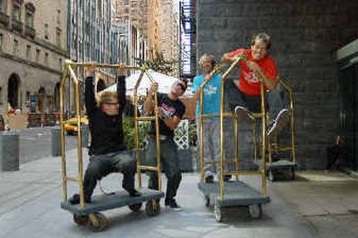 
Memers of Hoobastank have some fun outside the Le Parker Mardien hotel in New York. From left, are Markku Lappalainen, Doug Robb, Chris Hesse and Dan Estrin. 
 (Associated Press / The Spokesman-Review)