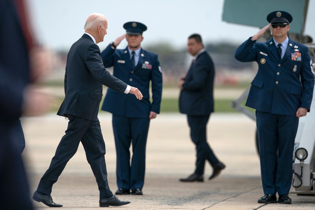 President Joe Biden walks to board Air Force One, Thursday, April 21, 2022, at Andrews Air Force Base, Md., en route to Portland, Ore. (Gemunu Amarasinghe)