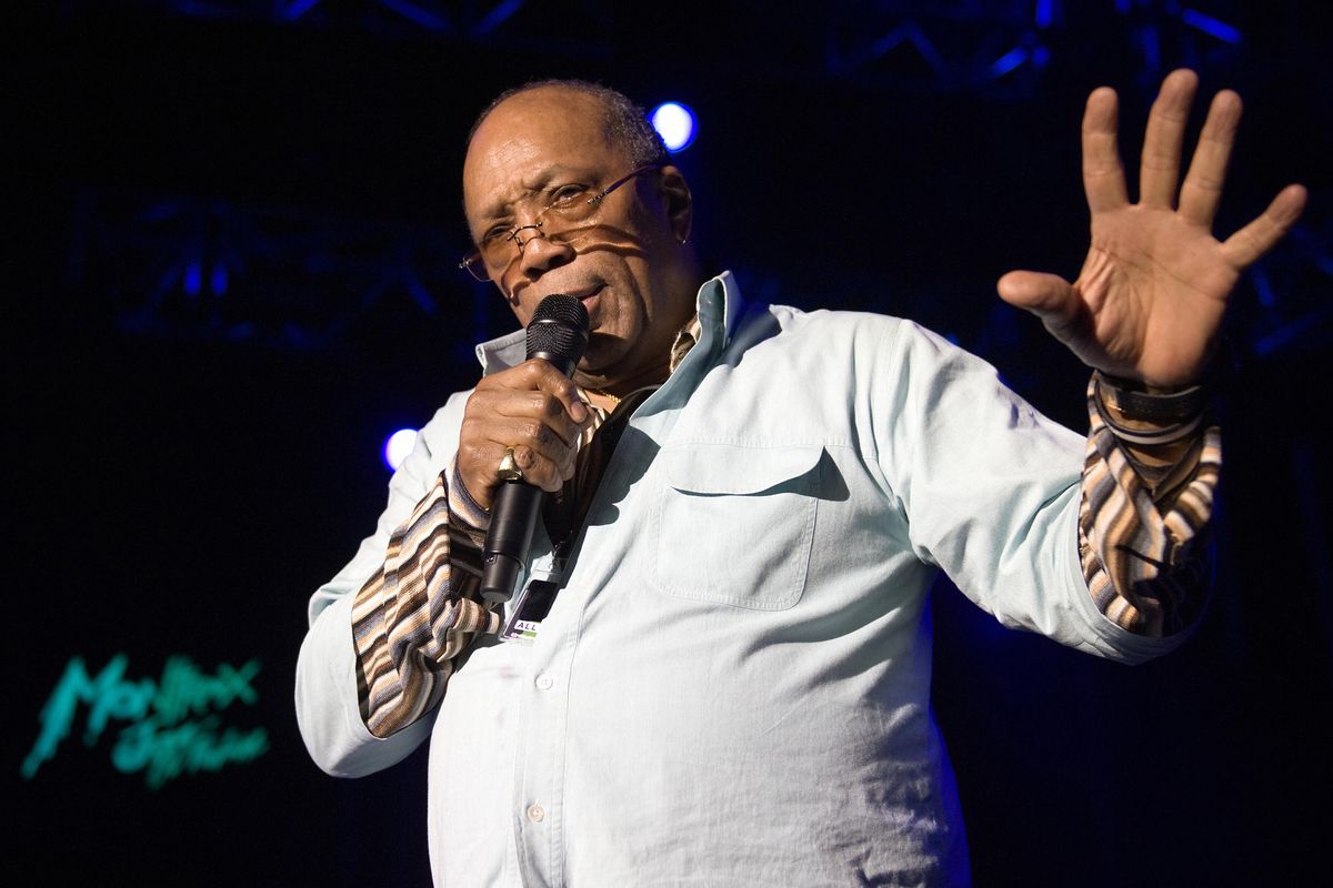 US bestselling record producer and musician Quincy Jones pays tribute to Michael Jackson on the Auditorum Stravinski stage during the 43th edition of the Montreux Jazz Festival early on July 12, 2009 in Montreux. The popular Swiss festival, running from July 3 to 18, schedules 350 concerts, 260 of them free.  (Fabrice Coffrini/Getty Images of North America/TNS)