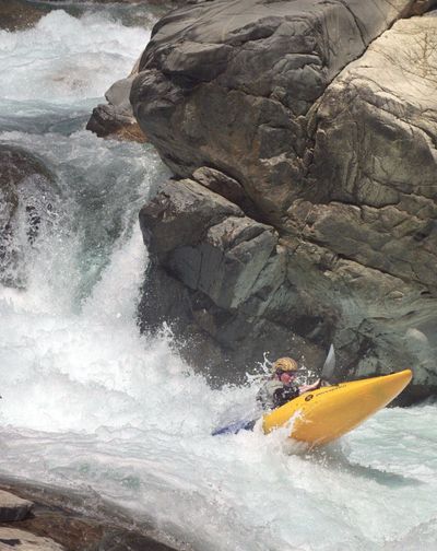 A kayaker at “entrance exam” in the Chelan River Gorge. (Associated Press)