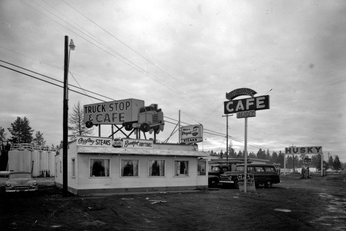 1962: Kirk’s Geiger Field Truck Stop, which sat along the Sunset Highway, was bought by Husky Hi Power Inc. in 1959 and rebranded, adding to a long list of Husky gas stations and wholesale outlets around the region. Husky’s chain of gas and oil outlets more than doubled when it merged with the H. Earl Clack Co., which had spread refineries, distribution points and retail outlets from North Dakota to the West Coast. (Libby Collection/Eastern Washington State Historical Society Archives)