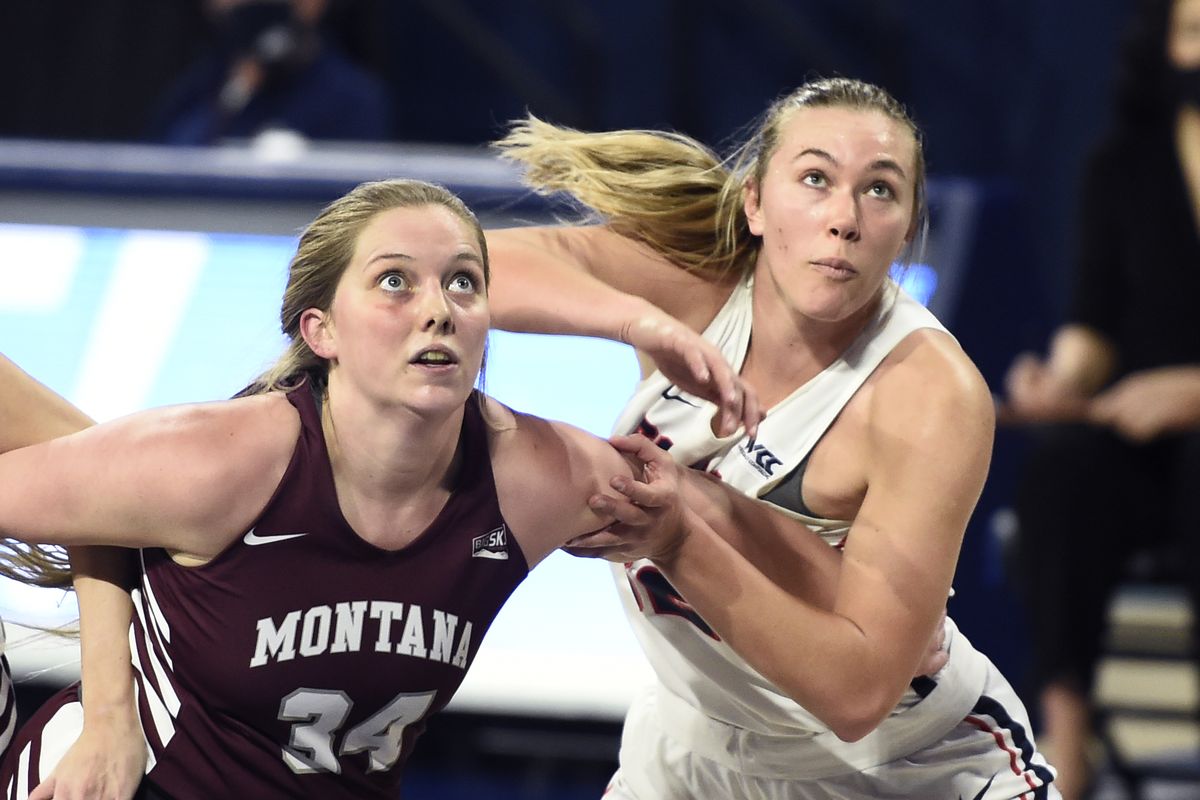 Gonzaga guard Jill Townsend, who scored nine points, fights for position against Montana forward Madi Schoening at the McCarthey Athletic Center on Sunday in Spokane.  (JAMES SNOOK FOR THE SPOKESMAN-REVIEW)