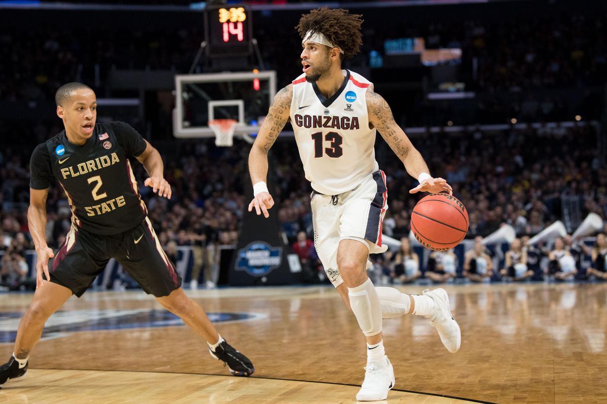 Gonzaga point guard Josh Perkins drives against Florida State in the first half of the Sweet 16 game last year in Los Angeles. (Tyler Tjomsland / The Spokesman-Review)