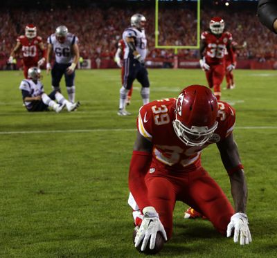 Chiefs safety Husain Abdullah was flagged for this celebration after scoring a touchdown. (Associated Press)