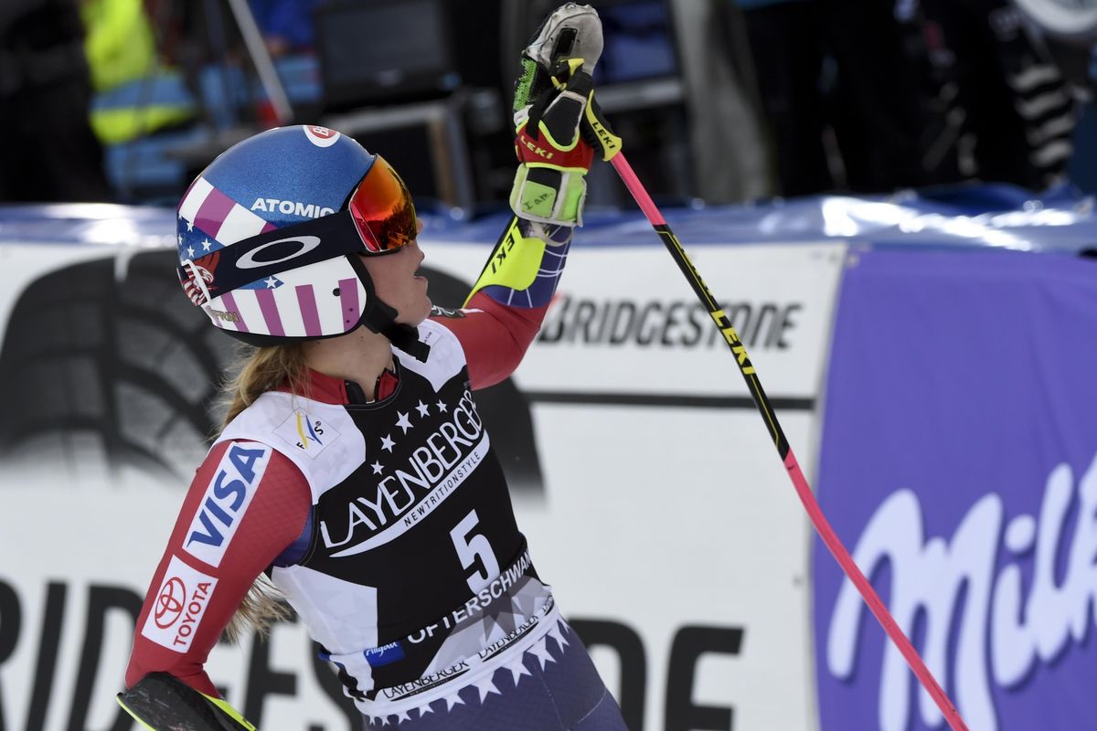 United States’ Mikaela Shiffrin gets to the finish area after completing an alpine ski, women’s World Cup giant slalom, in Ofterschwang, Germany, Friday, March 9, 2018. (Marco Tacca / Associated Press)