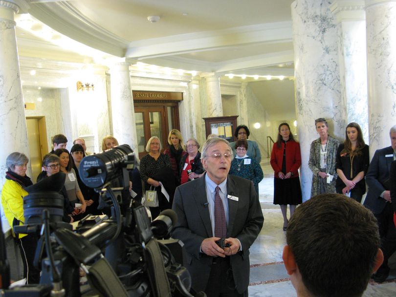 Sen. Dan Schmidt speaks to reporters at a news conference outside the Idaho Senate chamber on Thursday (Betsy Z. Russell)