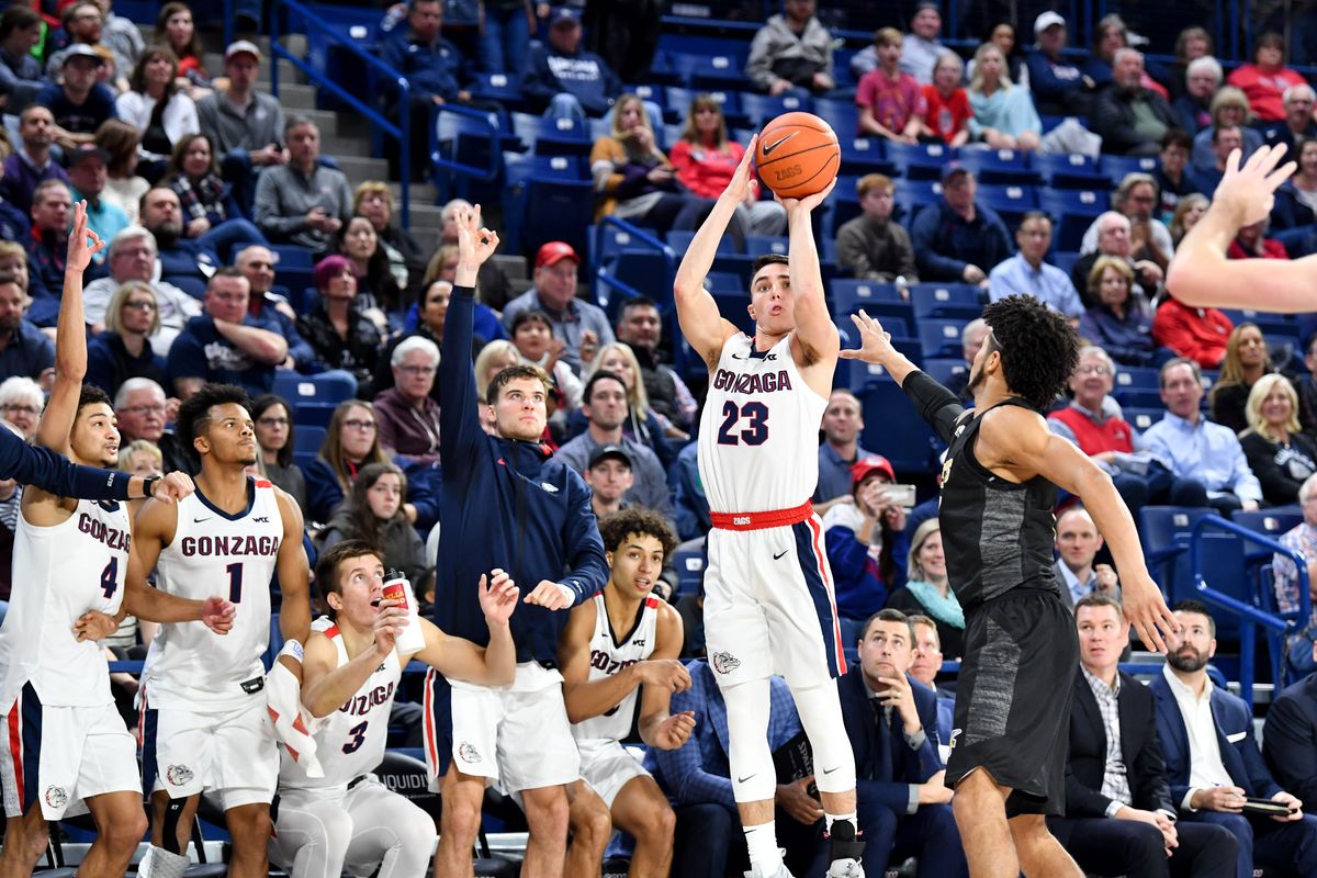 Gonzaga guard Matthew Lang goes up for a successful 3-pointer in the final moments of the second half of a 2019 win at McCarthey Athletic Center.  (By Tyler Tjomsland/The Spokesman-Review)