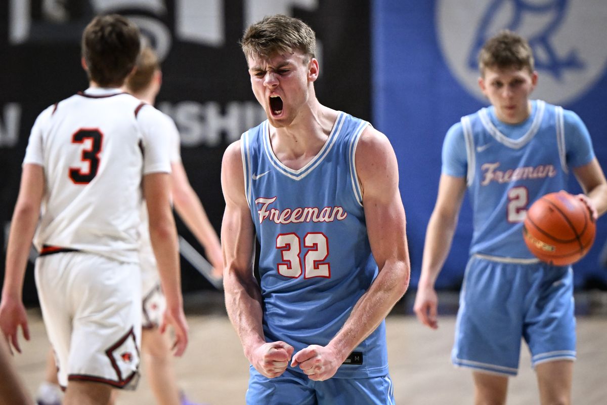 Freeman forward Finn LaPointe cheers after defeating Napavine during the Class 2B state boys basketball tournament on Wednesday at the Arena.  (Tyler Tjomsland/The Spokesman-Review)