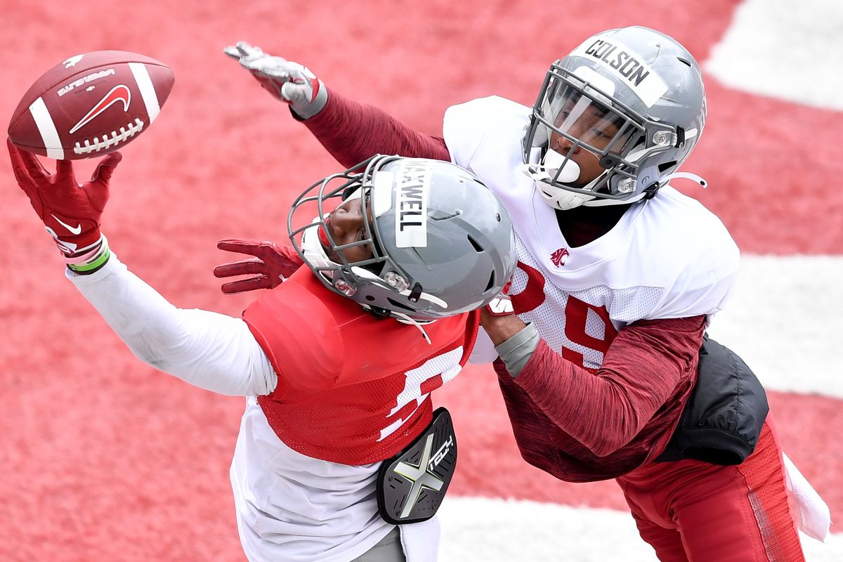 Washington State Cougars defensive back Jamorri Colson (29) breaks up a pass in the end zone intended for wide receiver Kyle Maxwell (9) during WSU’s first spring scrimmage on Saturday, Apr 6, 2024, on Gesa Field in Pullman, Wash.  (Tyler Tjomsland/The Spokesman-Review)